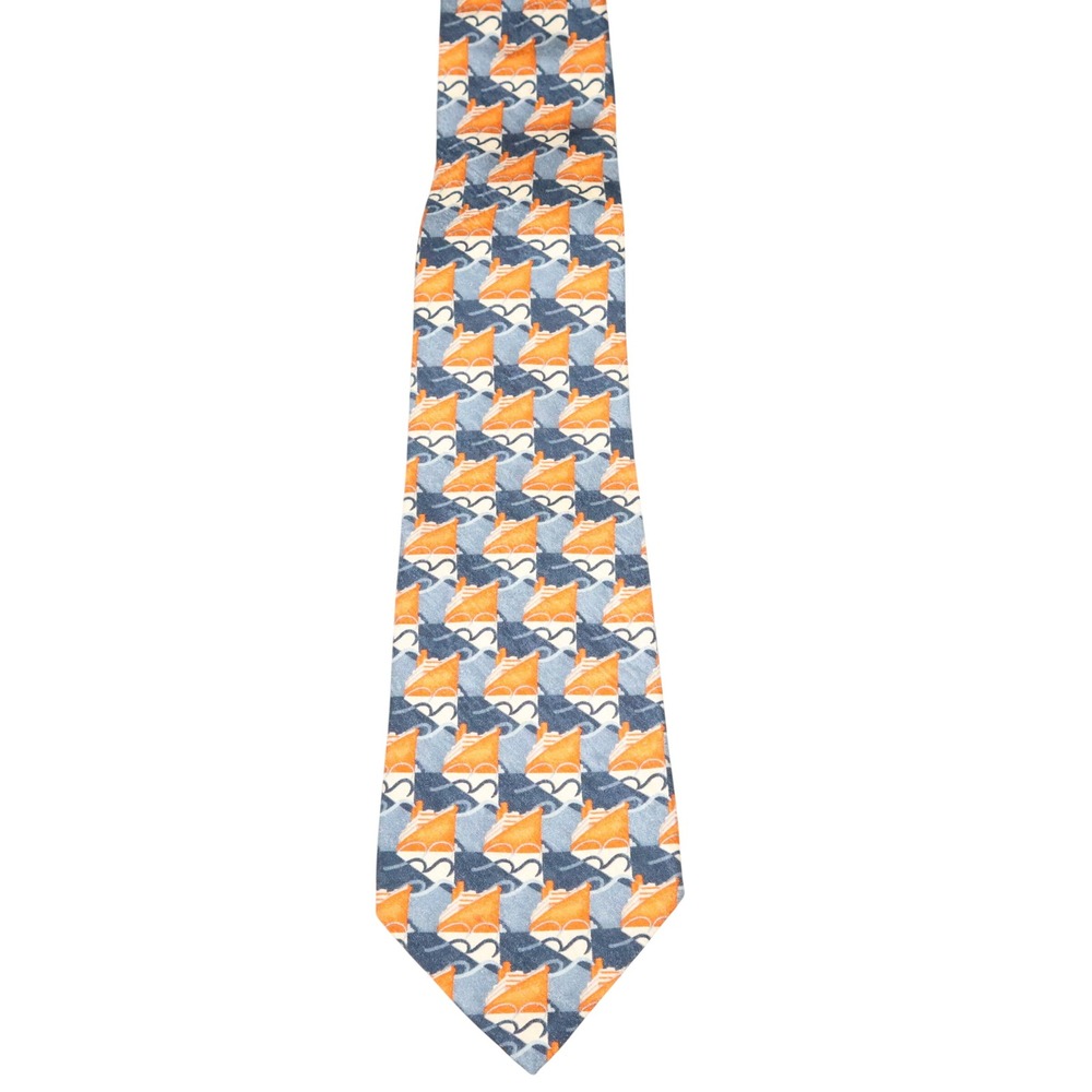 Gentleman Givenchy Paris 100% Silk Tie Orange Blue Sailboat Nautical Wave Print - Picture 2 of 5
